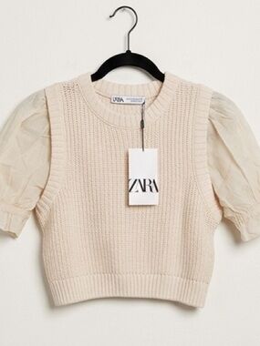 Zara Beige Knit Crop Top with Linen Sleeves